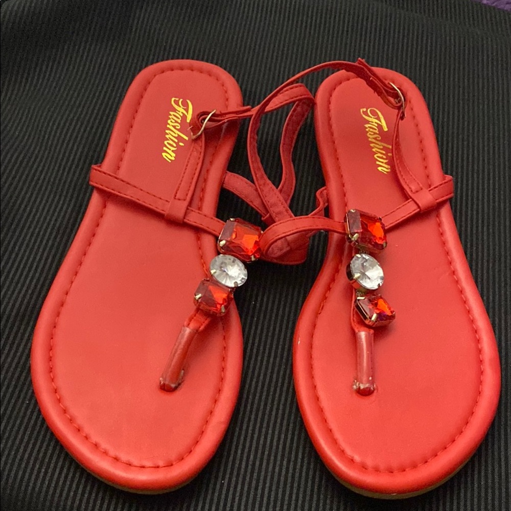 Vibrant Red T-Strap Sandals with Beaded Detail